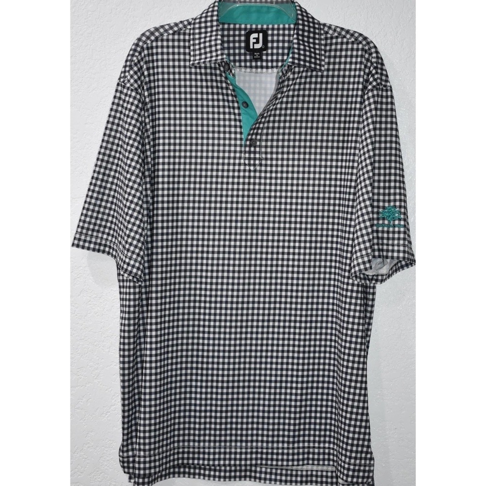 Footjoy Polo Shirt Mens Large Gingham Check Golf Performance Logo Burning Tree